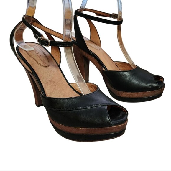 Corso Como Shoes Womens 6 Black Leather Ankle Strap Peep Toe Platform Heels - Picture 2 of 13